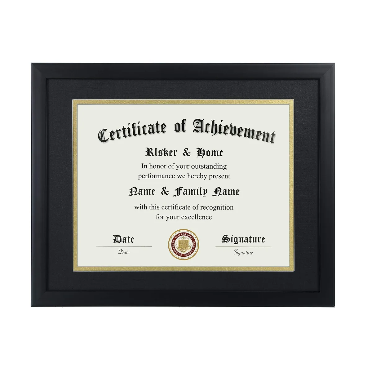 Matte black certificate frame with gold inner rim, 11x14 inches, horizontal or vertical display