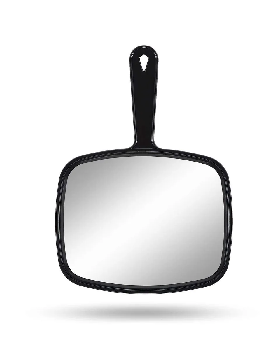 Black rectangular handheld mirror with rounded corners, polished frame, smooth handle and hanging hole