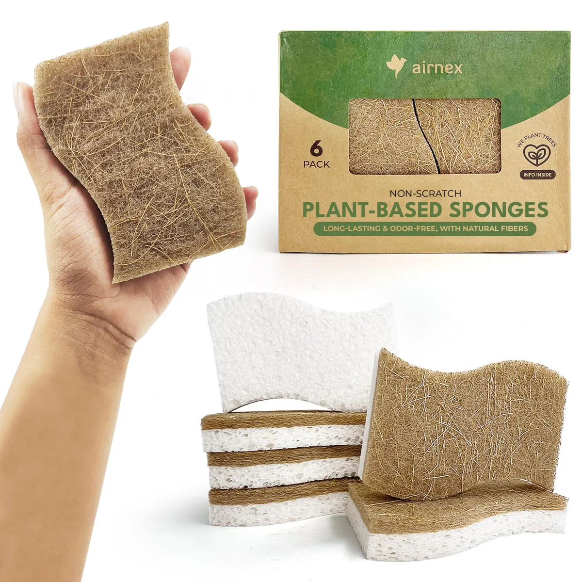 Pack of six S-shaped khaki sponges with cellulose and coconut scrubber sides
