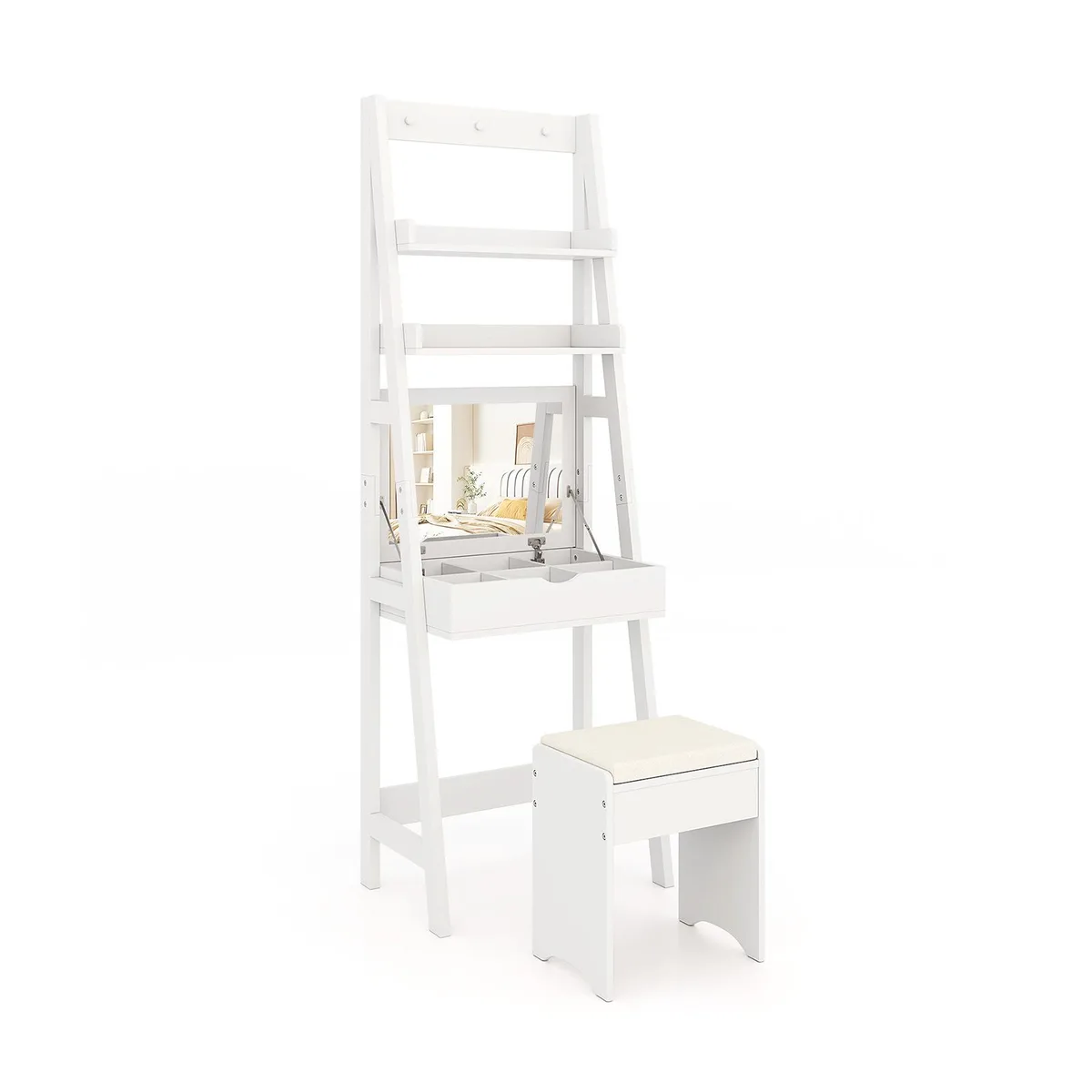 White vanity desk with flip mirror, open shelves, hidden storage, and cushioned stool