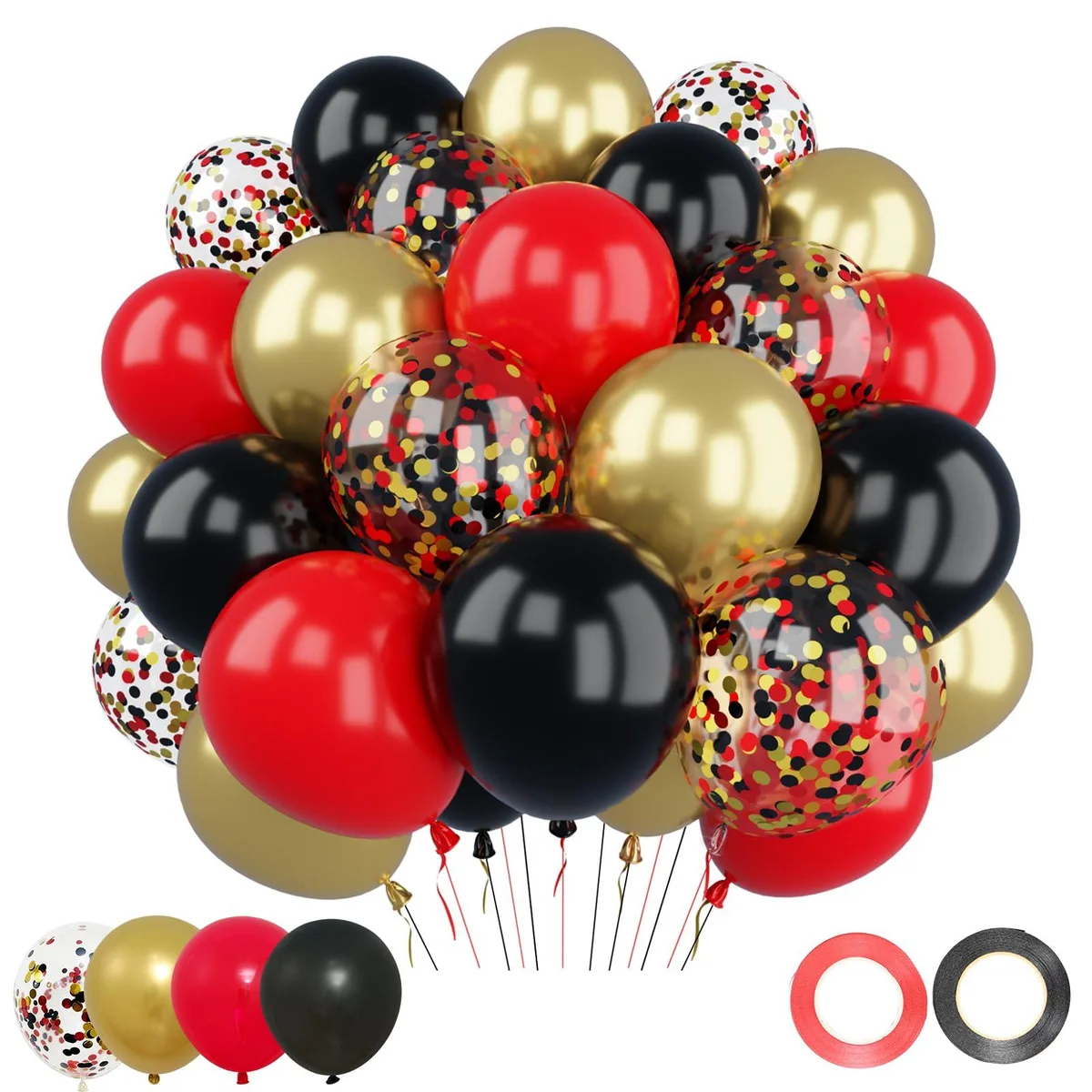 Red black gold latex balloons set 50pcs 12in with ribbons