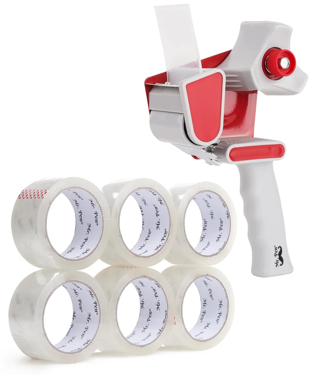 Six black matte packing tape rolls with red plastic dispenser gun