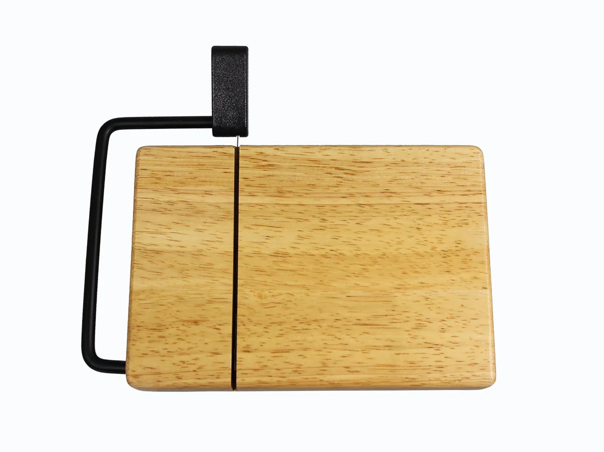 Beechwood cheese slicer with black arm and stainless wire on 7 by 4.75 inch board