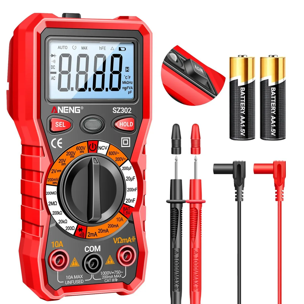ANENG SZ302 multimeter in rubber case with backlit LCD