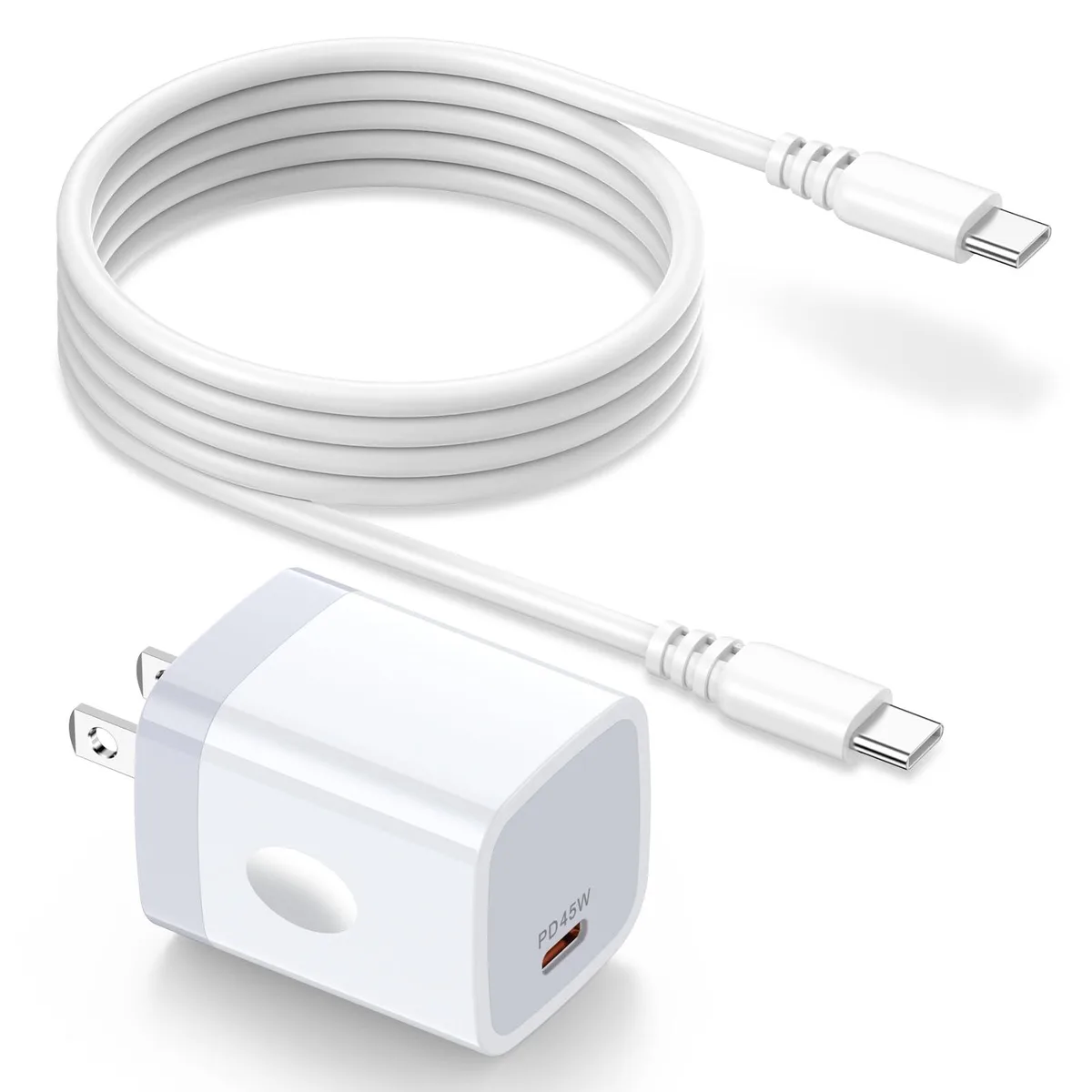 Compact white USB-C charger block with detachable 6ft cable