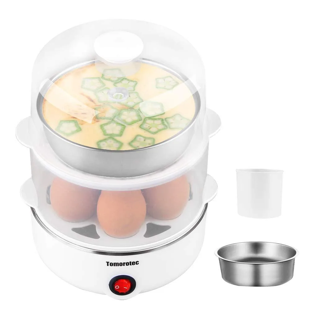 Transparent plastic egg steamer with stainless steel base, double-layer rack, measuring cup, holds 14 eggs