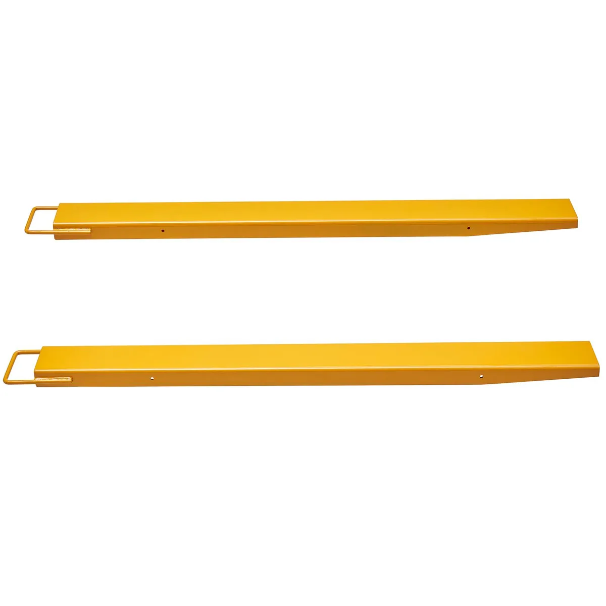 Pair of yellow carbon-steel pallet fork extensions, 60 inch length, 4.5 inch inner width, powder-coated finish