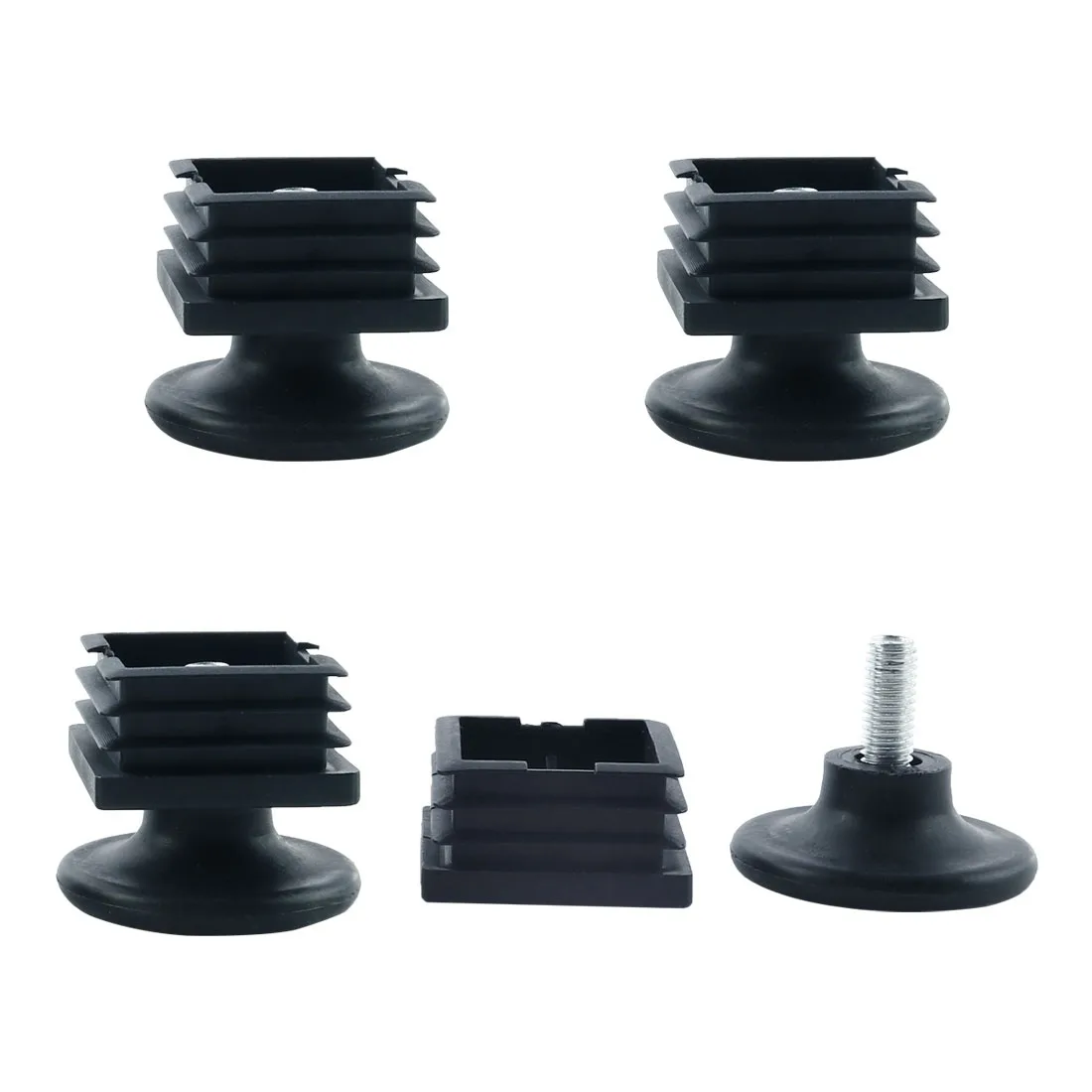 Four sets of black plastic square tube inserts with threaded adjustable feet visible