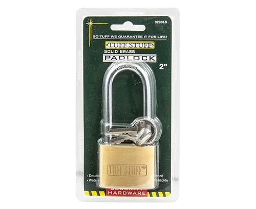 2 inch solid brass padlock with long hardened chrome plated steel shackle bright brass finish