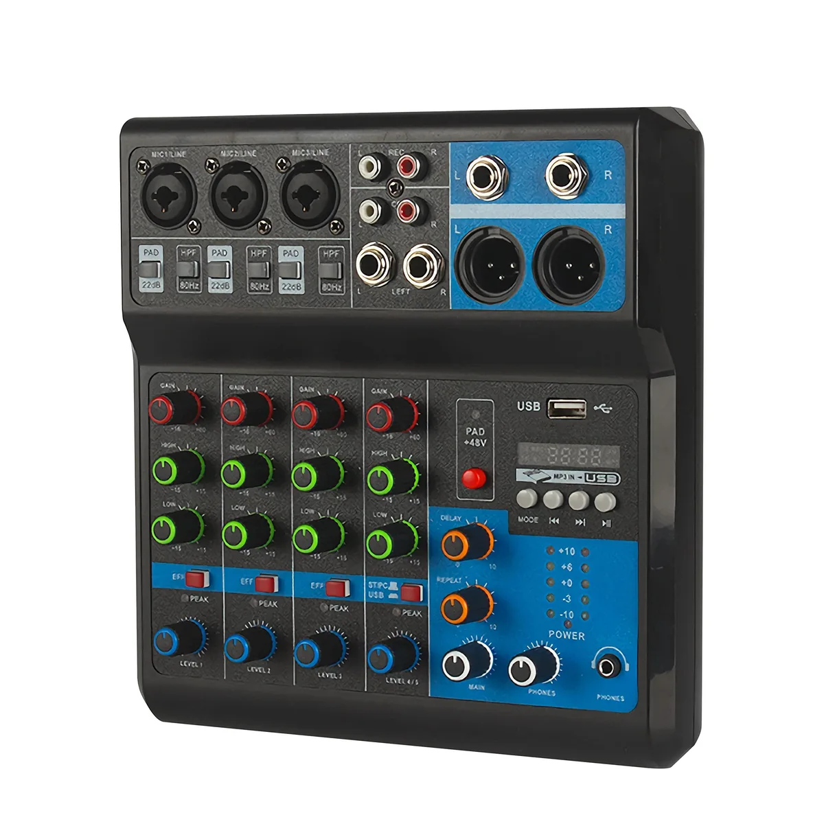 Compact black DJ mixer with three channels, XLR ports, USB, Bluetooth and 48V phantom power