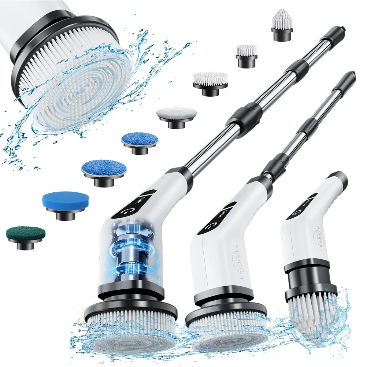 White cordless spin scrubber with telescopic handle and interchangeable brush heads
