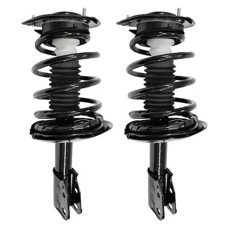 Two complete front strut assemblies in a kit, silver metal finish with black coil springs, ready to install