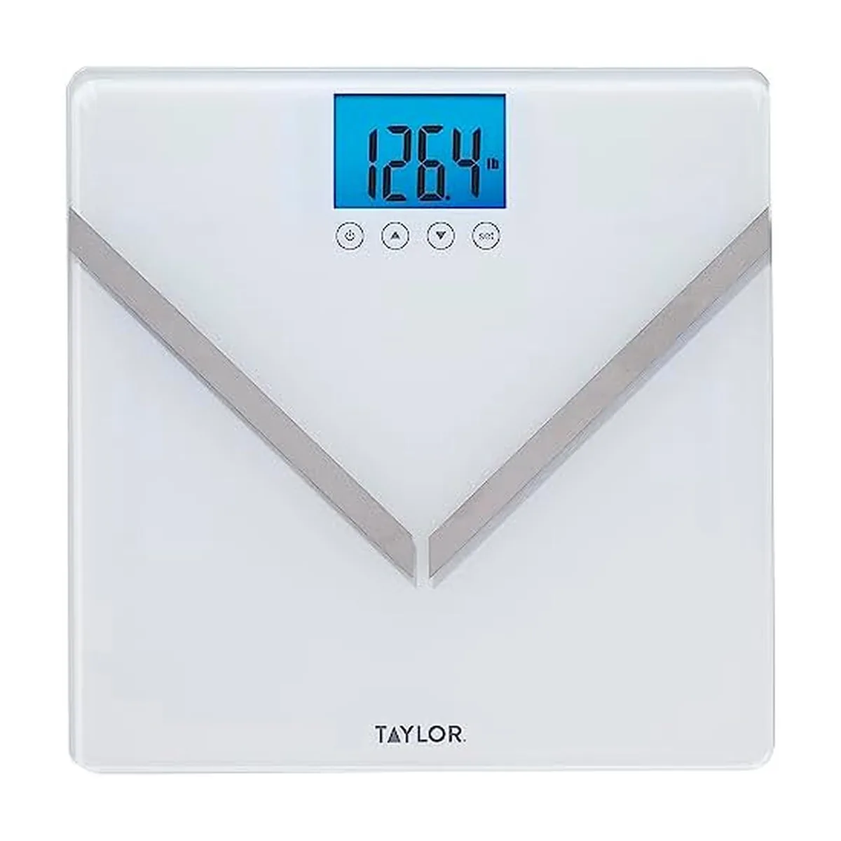 White glass bathroom scale with blue backlit display and stainless steel electrodes