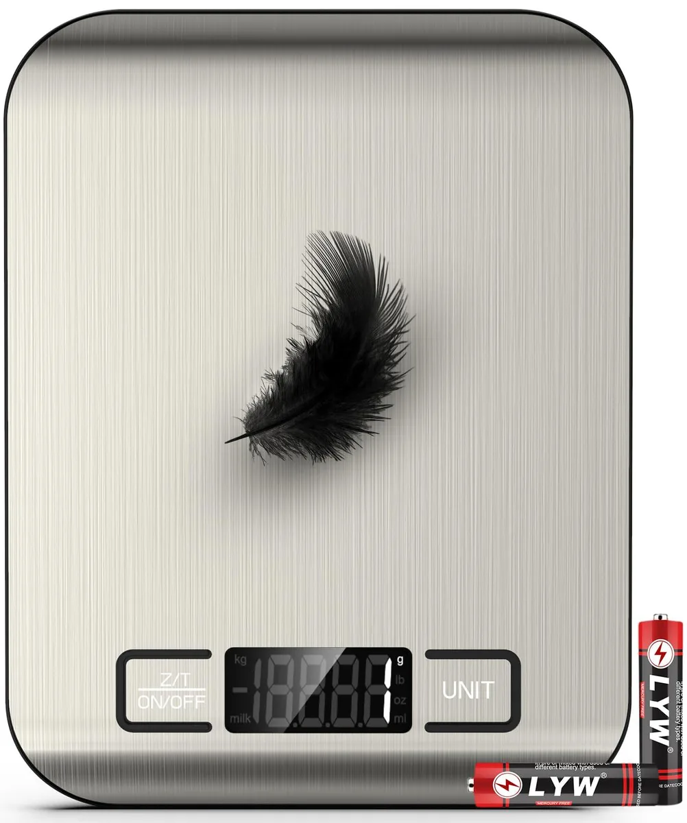 Compact silver digital scale with stainless steel platform and backlit LCD display
