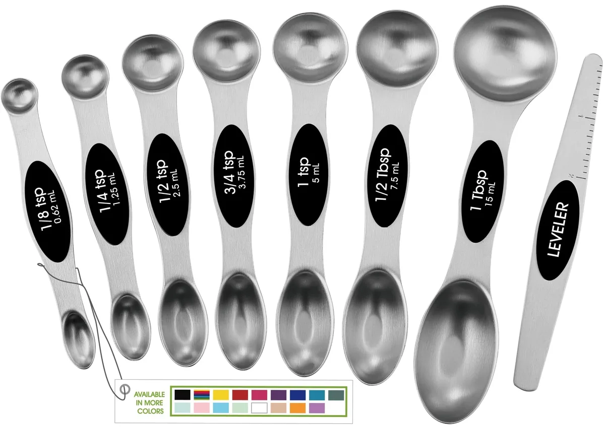 Black stainless steel magnetic measuring spoons set of eight with leveler