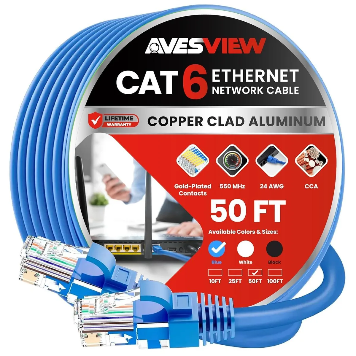 A 50 ft blue Cat 6 Ethernet cable with RJ45 connectors and tangle-free PVC jacket