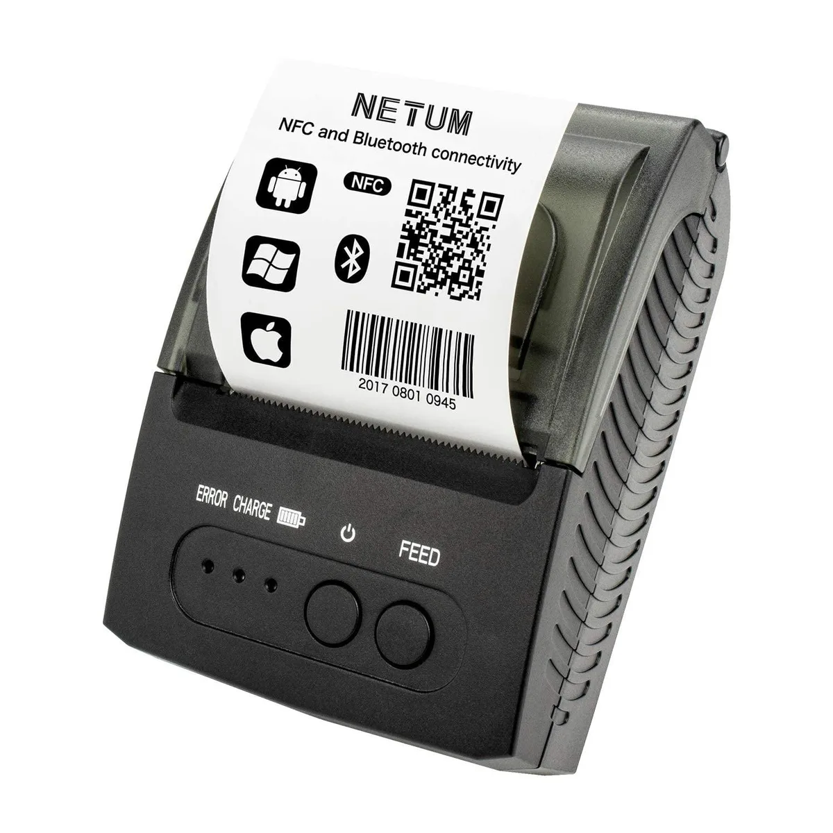 Compact white thermal receipt printer with Bluetooth 4.0, 58 mm paper width, portable size