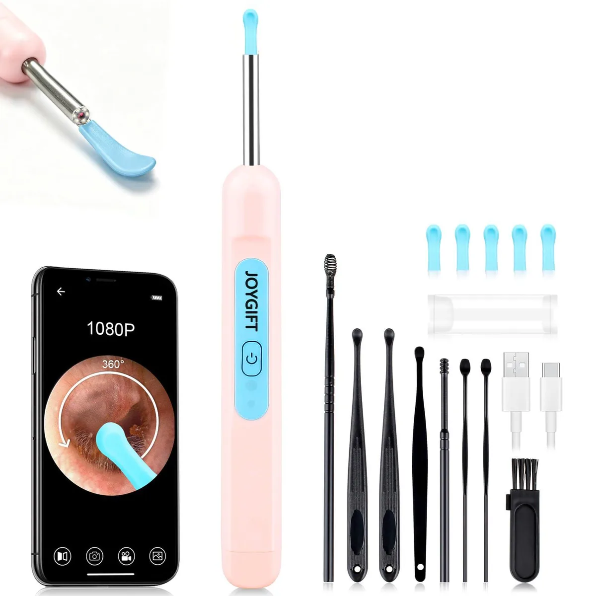 Pink ear-cleaning kit with camera probe, six LED lights and eight tools in a case