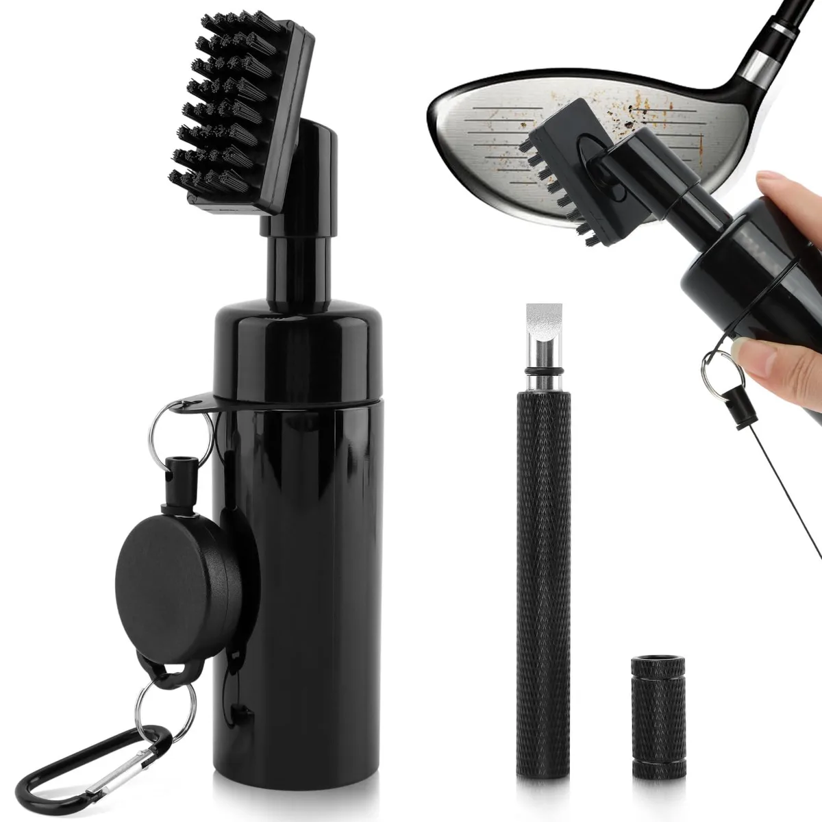 Two black golf club brushes with squeeze water bottles and groove sharpeners, plastic construction, carabiner clips attached