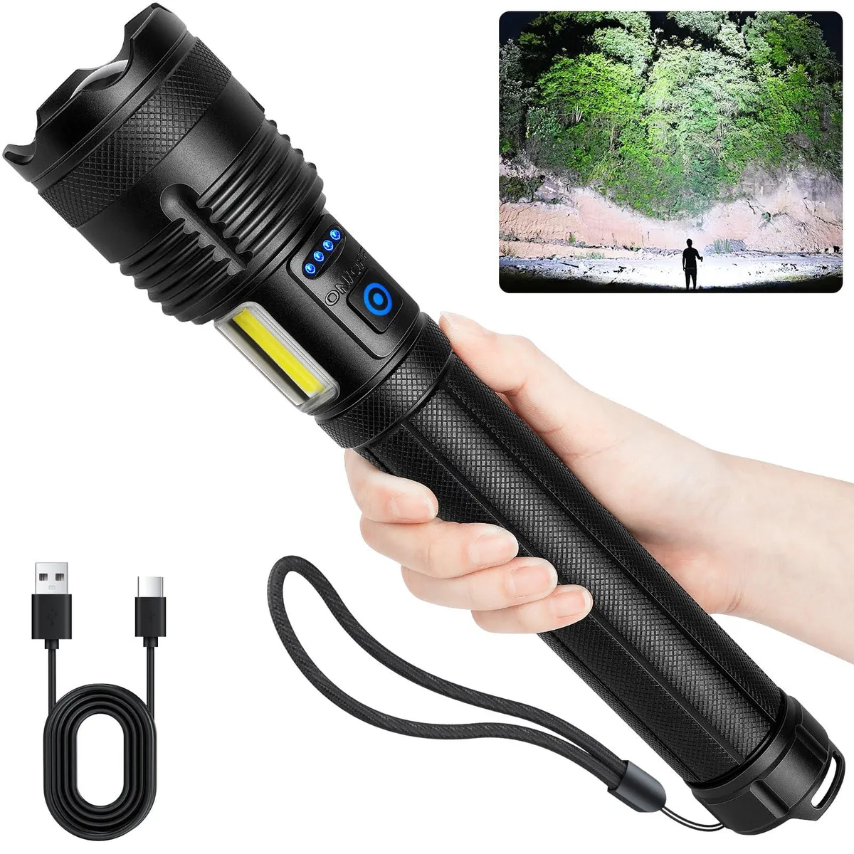 Silver aluminium torch with side COB panel, 6.69 inches long