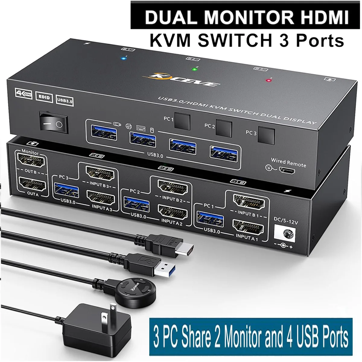 AUTYUE AUTYUE 3 PC 2 Monitor HDMI KVM Switch 4K@60Hz USB 3.0 EDID Wired Remote — product photo