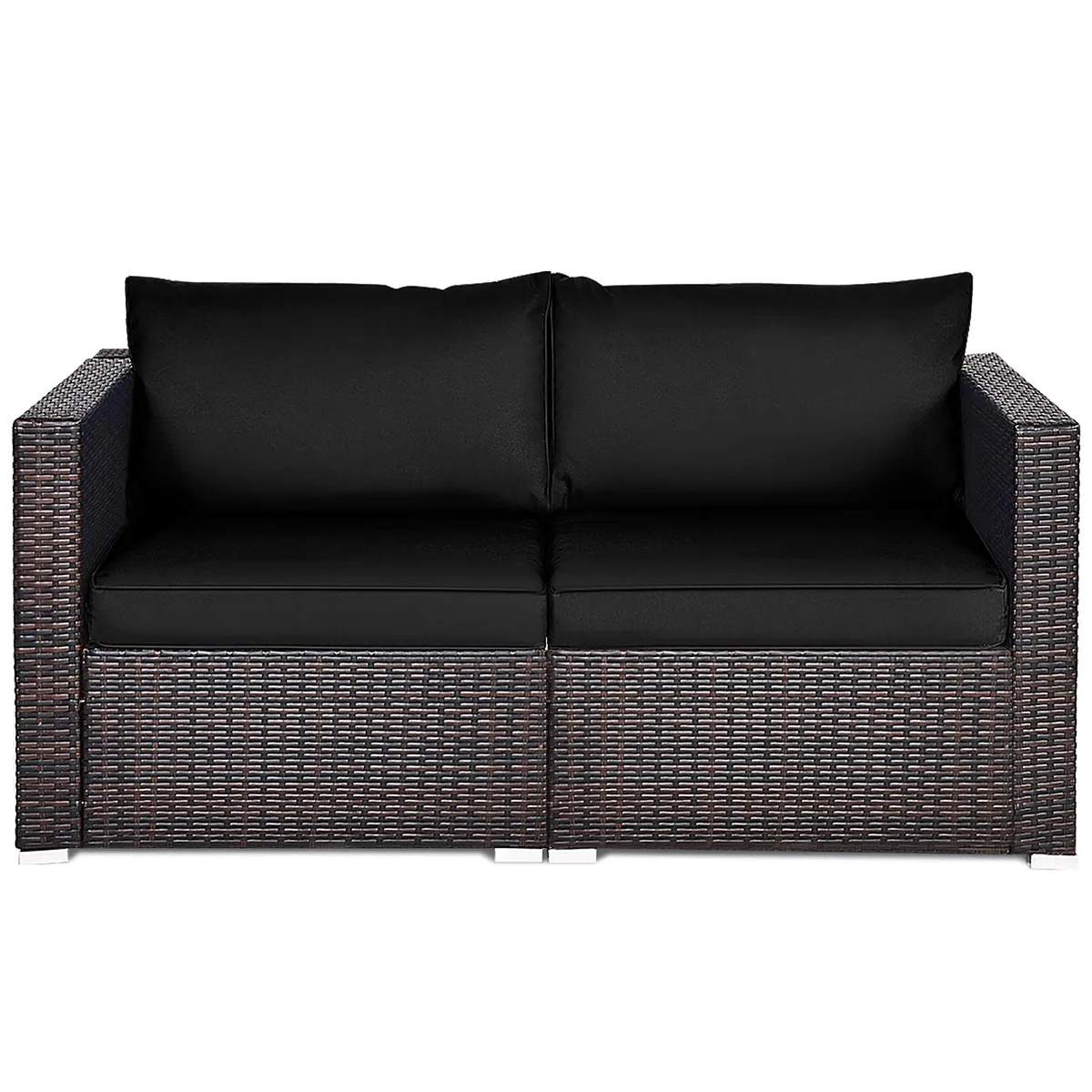 Two-piece black rattan corner sofa set with thick cushions
