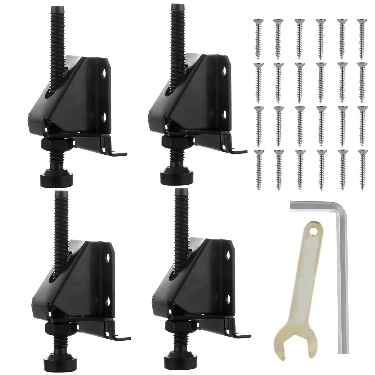 Four black L-shaped steel leveling feet with threaded stems, lock nuts, screws and a hex key