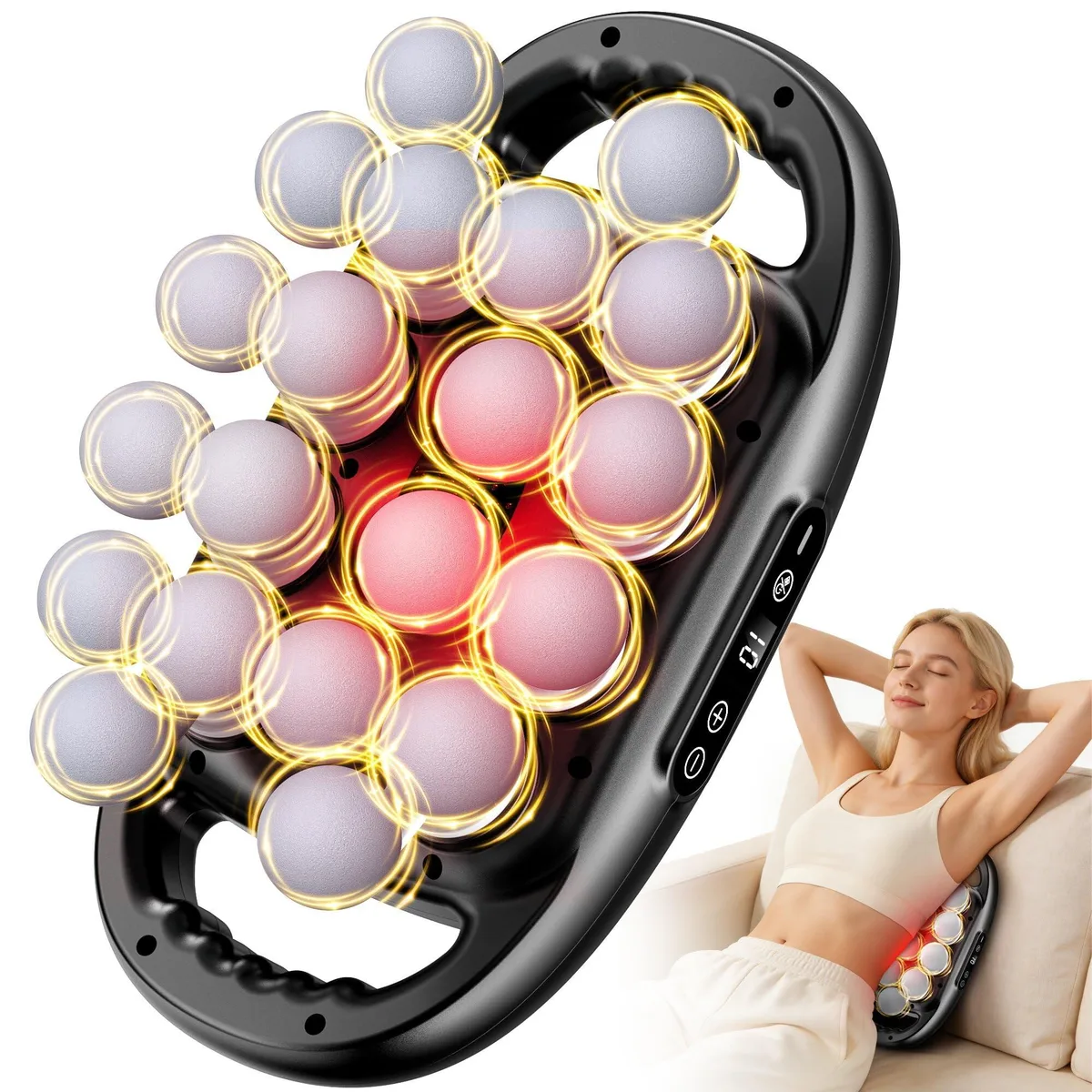 Grey handheld percussion massager with 20 heads, 13 x 7.3 x 5.9 inches, 3.3 pounds