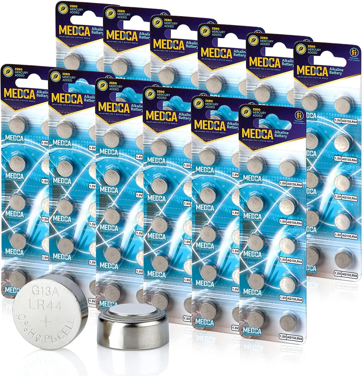 Box of 120 silver LR44 alkaline button cell batteries