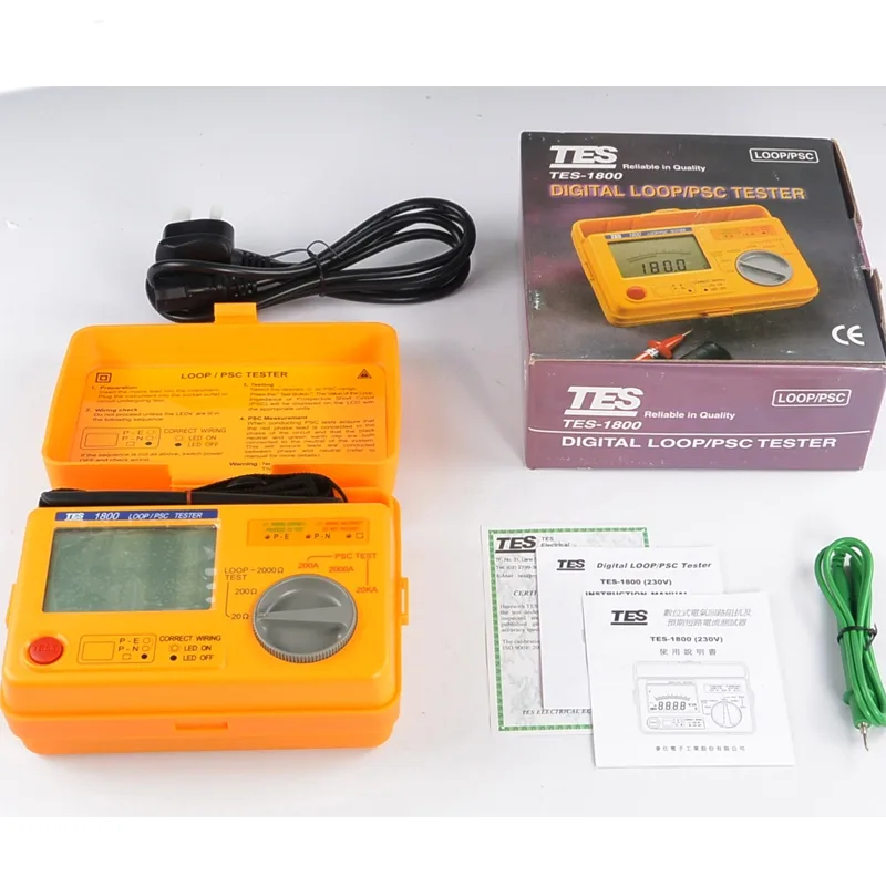 Red handheld digital loop PSC tester with LCD display and test leads