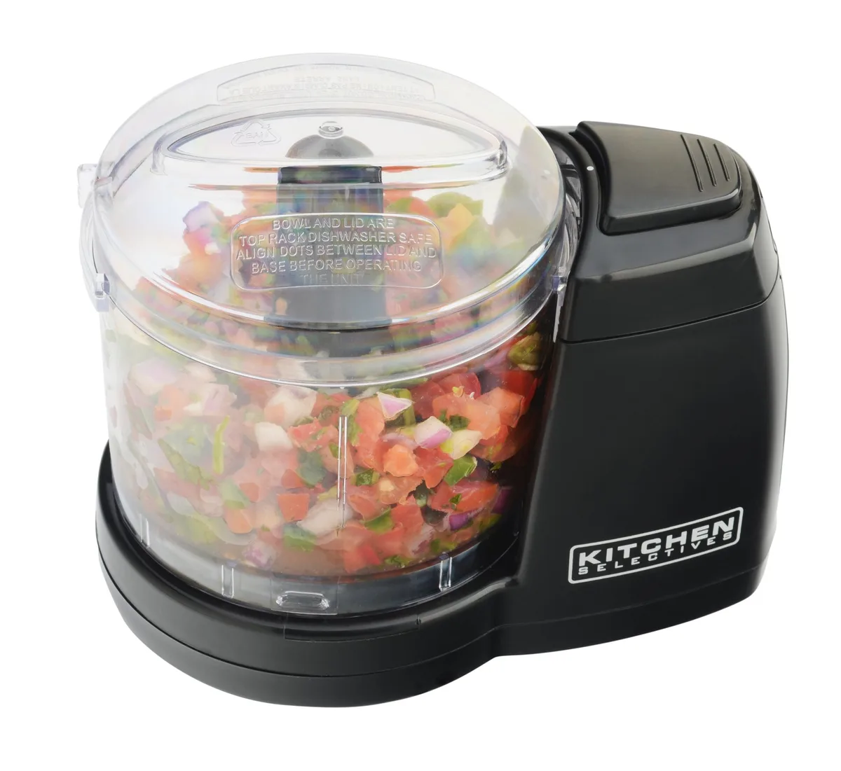 Compact black mini food chopper, cylindrical shape, matte finish, 1.5 cup capacity