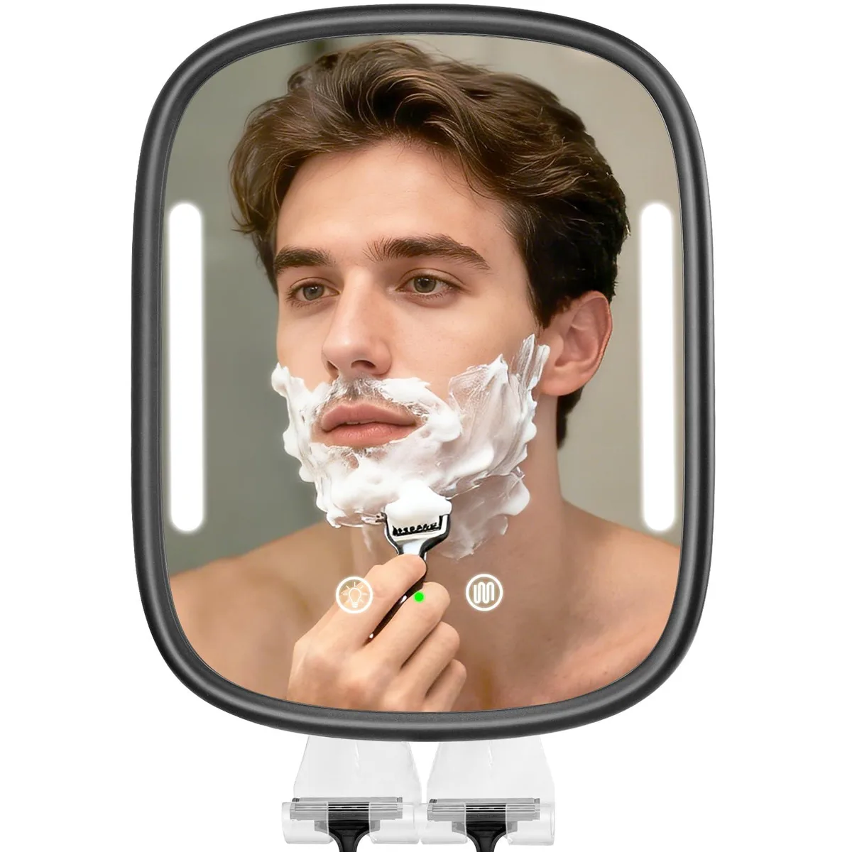 Black rectangular fogless shower mirror with LED light strips, razor hooks and adhesive mounts