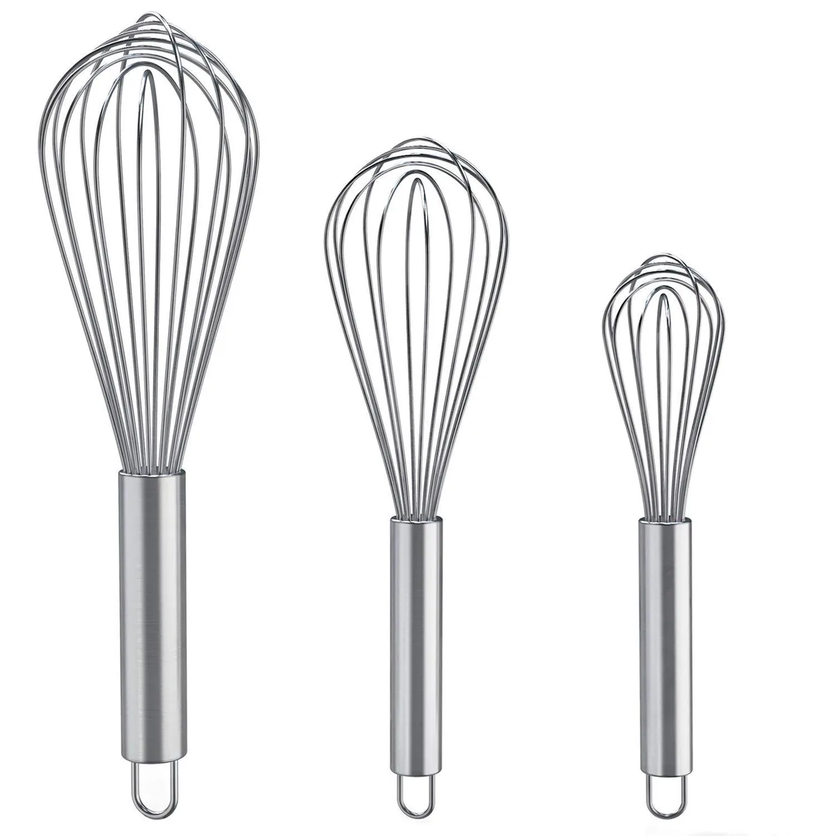 Three stainless steel whisks 8 10 12 inch with hooks
