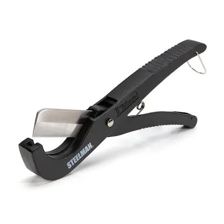 Steelman 42569 pipe and tube cutter, diecast steel body, stainless blade, spring handle, locking latch