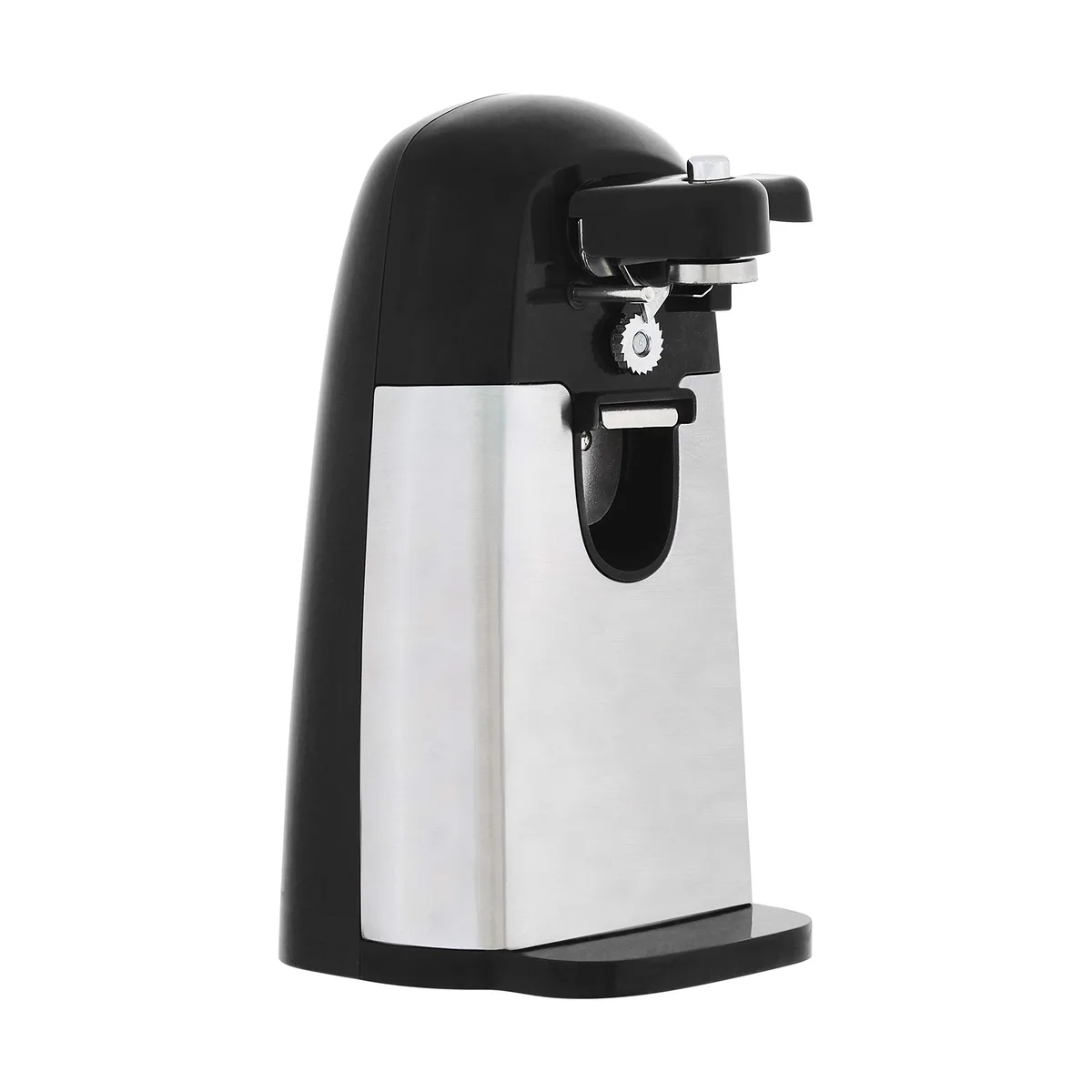 Black electric can opener with integrated bottle opener and knife sharpener, stainless steel blade, magnetic lid holder
