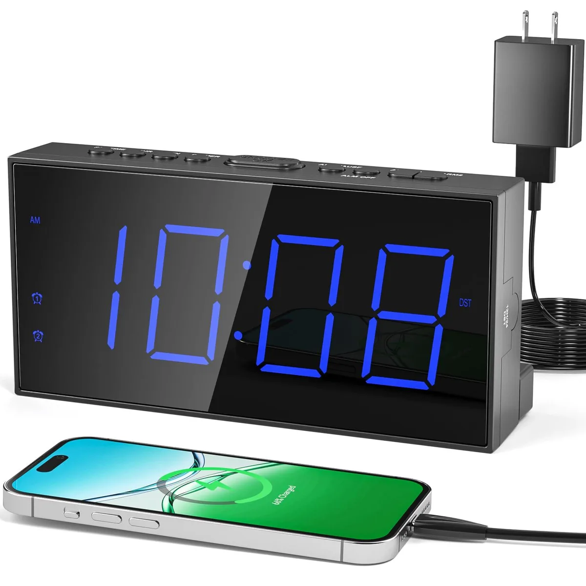 Rectangular digital clock with large 7.5 inch blue LED display