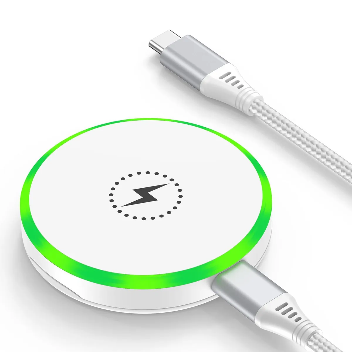 White circular magnetic charging pad with USB-C cable