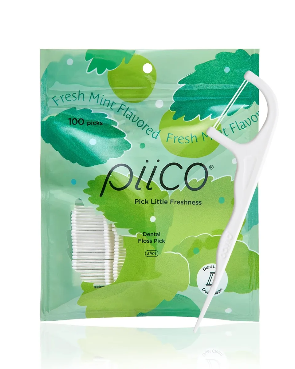 A resealable pack of 100 slim rose floss picks with dual floss and pick ends