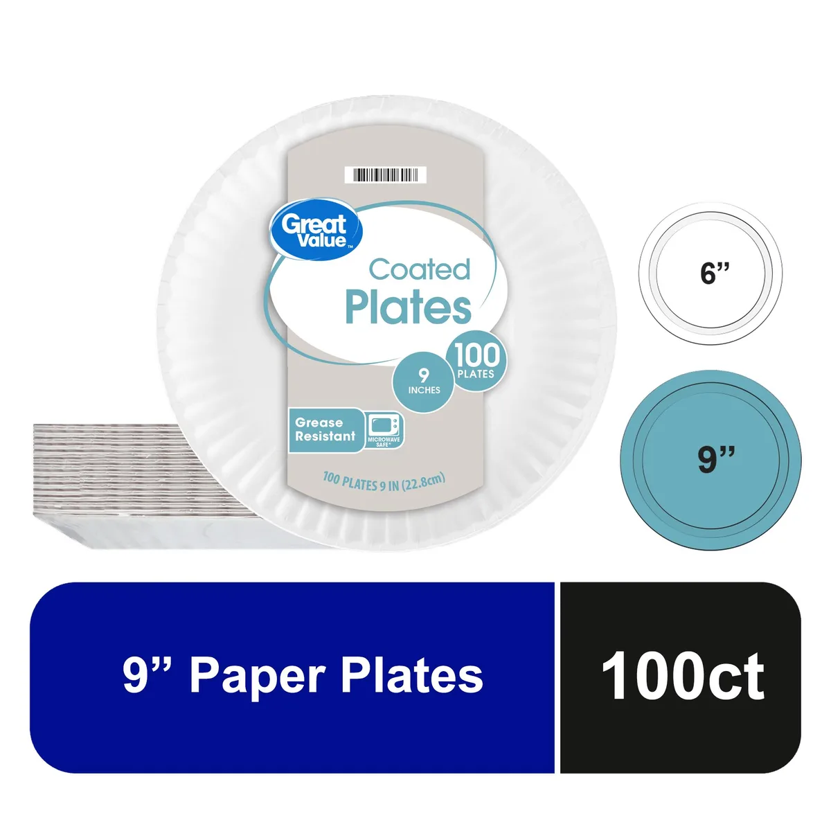 None Continuous None Continuous Great Value Coated Disposable Paper Plates 9 in 100 Count — product photo