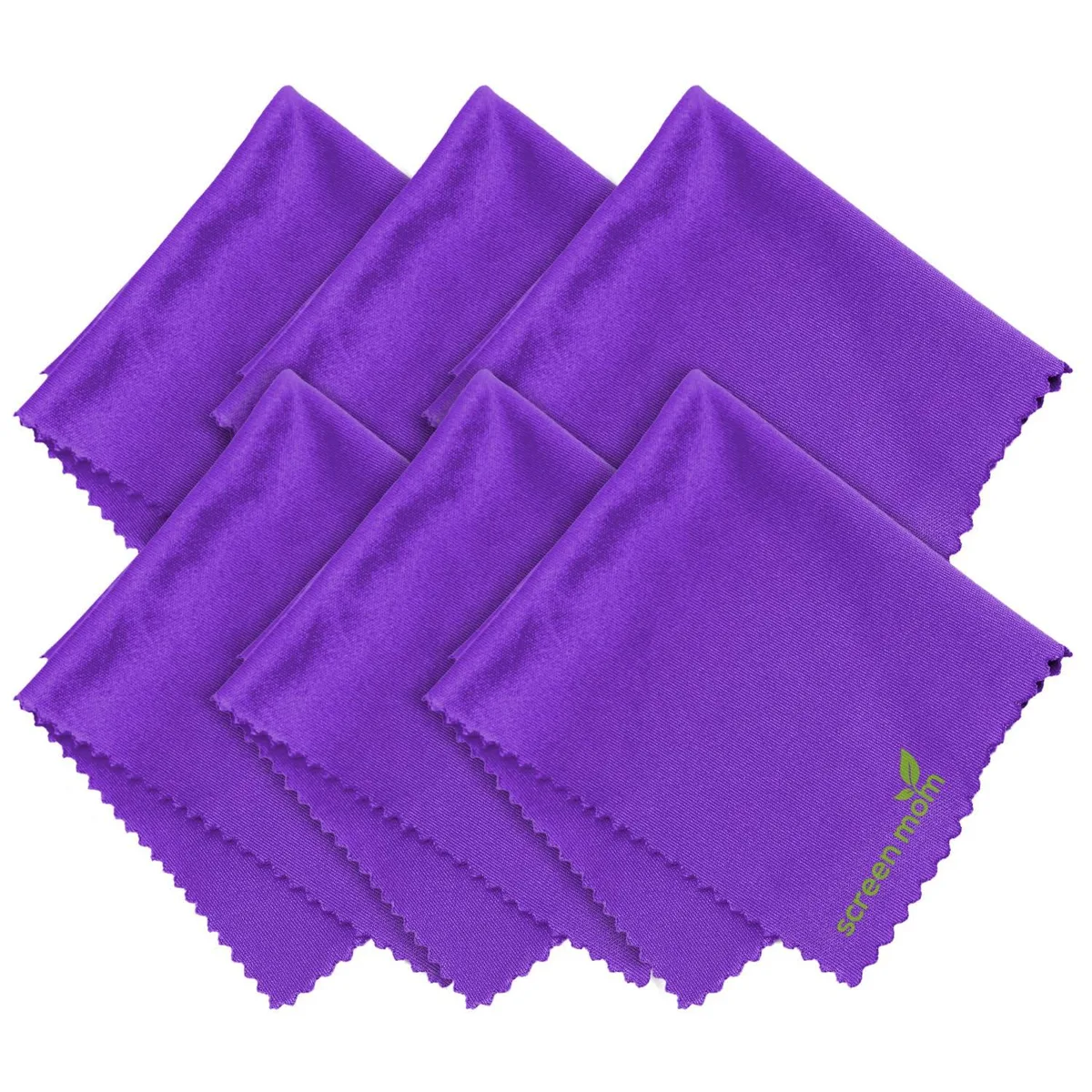 Six purple microfiber cloths stacked together, each 6.5 by 3.4 inches