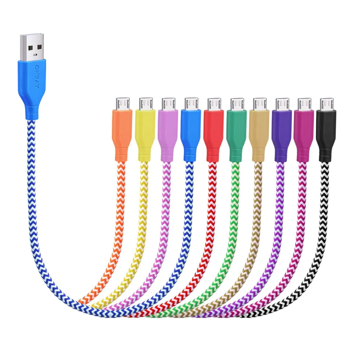 Ten short braided micro USB cables in assorted bright colours, USB-A to micro USB connectors
