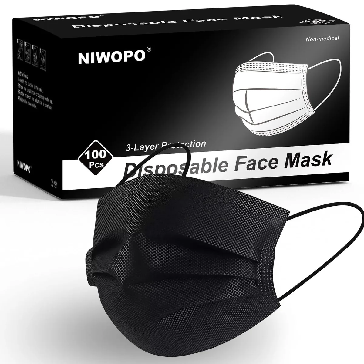 NIWOPO Disposable Face Masks 100 Pack 3 Ply Black — product photo
