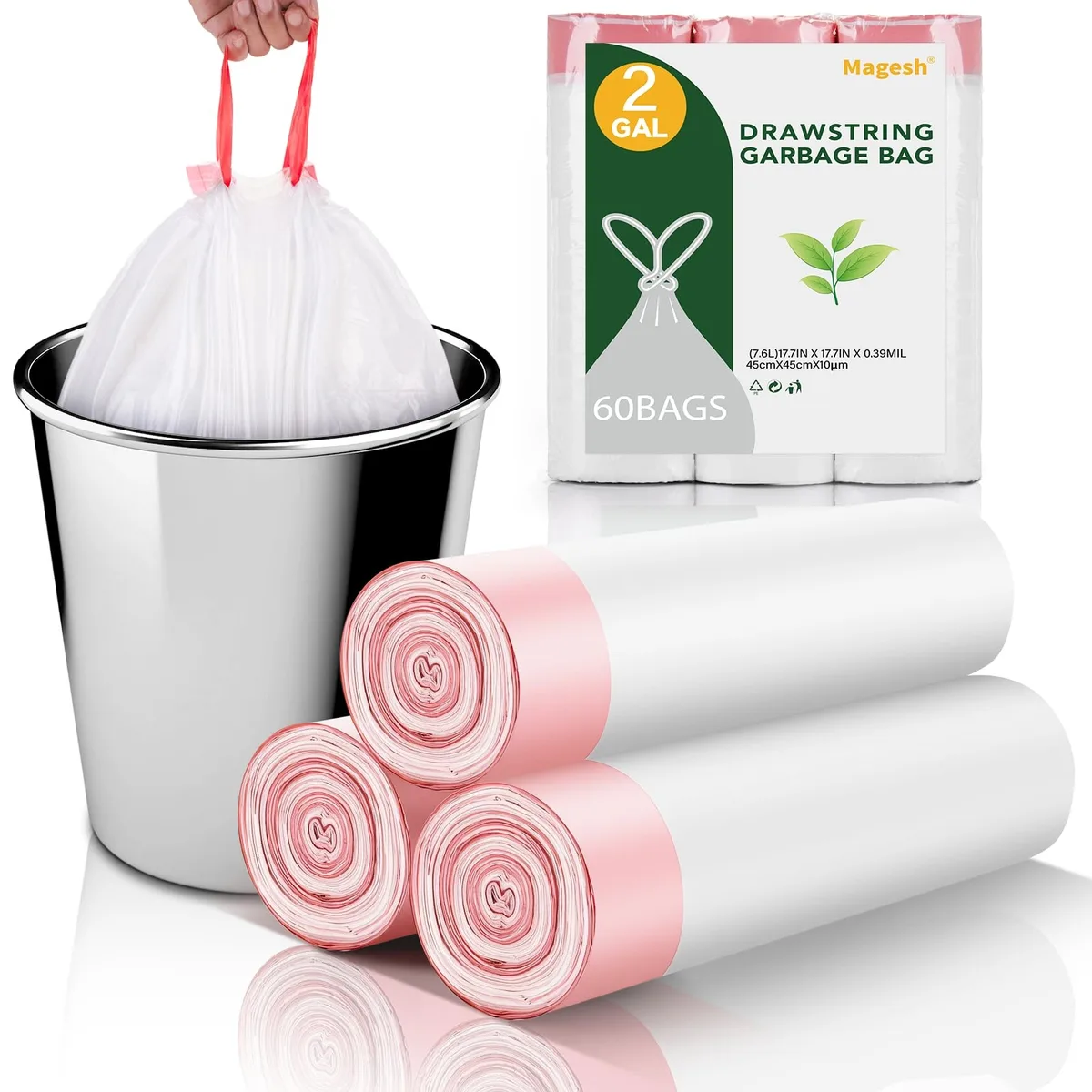 Pack of sixty white 2-gallon drawstring trash bags