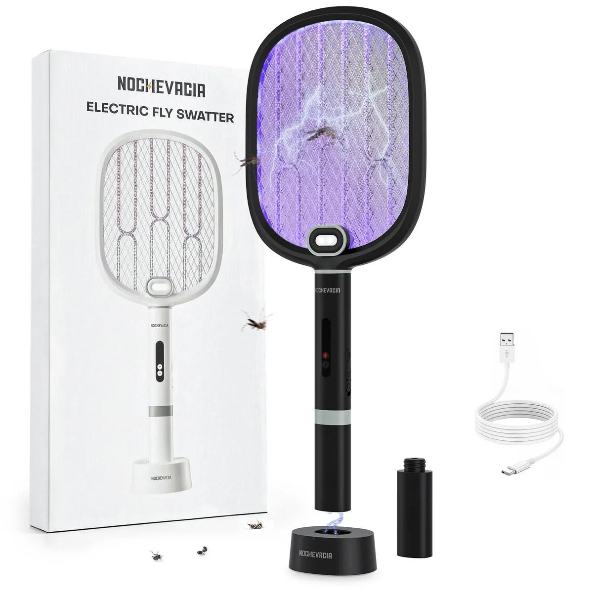 Black electric fly swatter racket with 18 purple LEDs on base