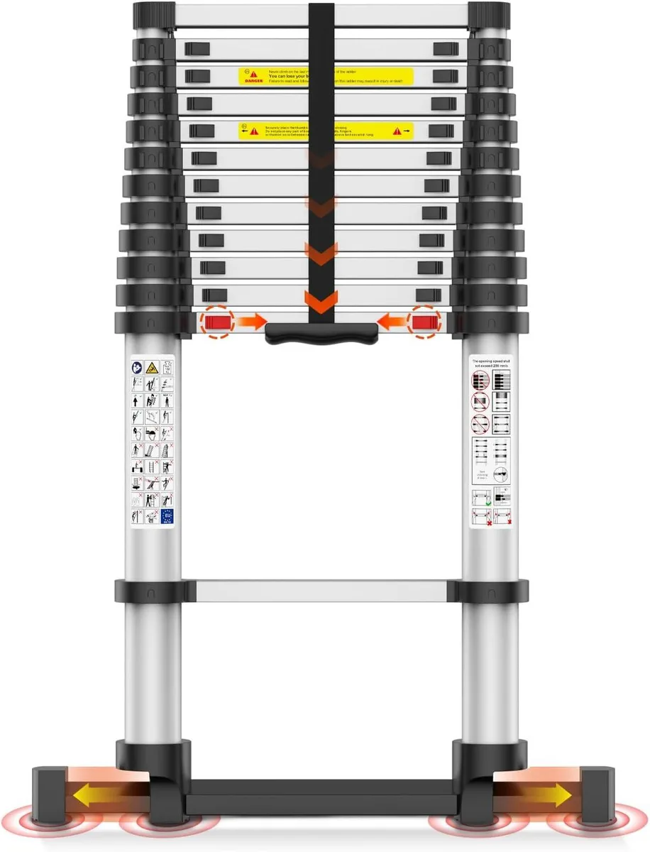 Silver telescoping ladder extended to full height with wide bottom stabilizers visible