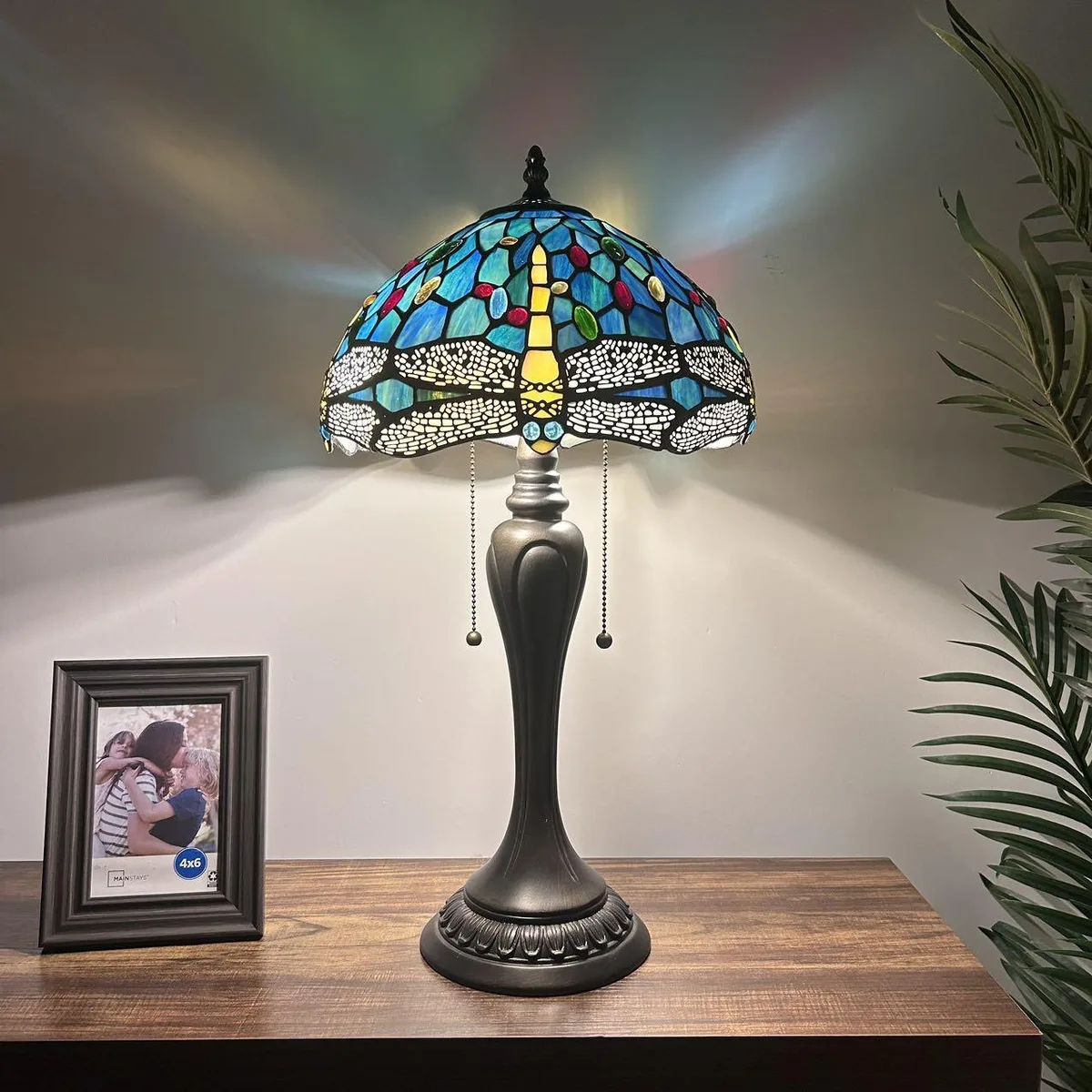 XIN CHENG TIFFANY LIGHTING XIN CHENG TIFFANY LIGHTING Tiffany Table Lamp Green Blue Dragonfly 12"W 22"H — product photo
