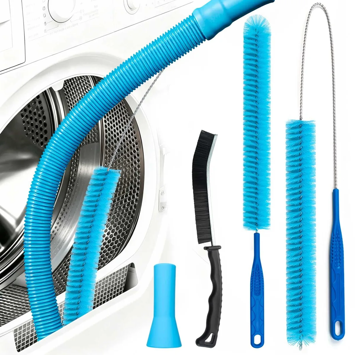 Four-piece dryer vent cleaning kit with flexible hose, brushes, crevice tool and universal vacuum adapter