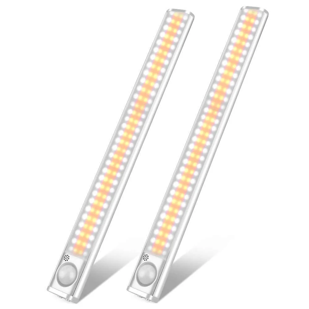 Two slim white LED bars with clear prismatic covers, magnetic mounting strips visible, rechargeable 3000mAh battery pack