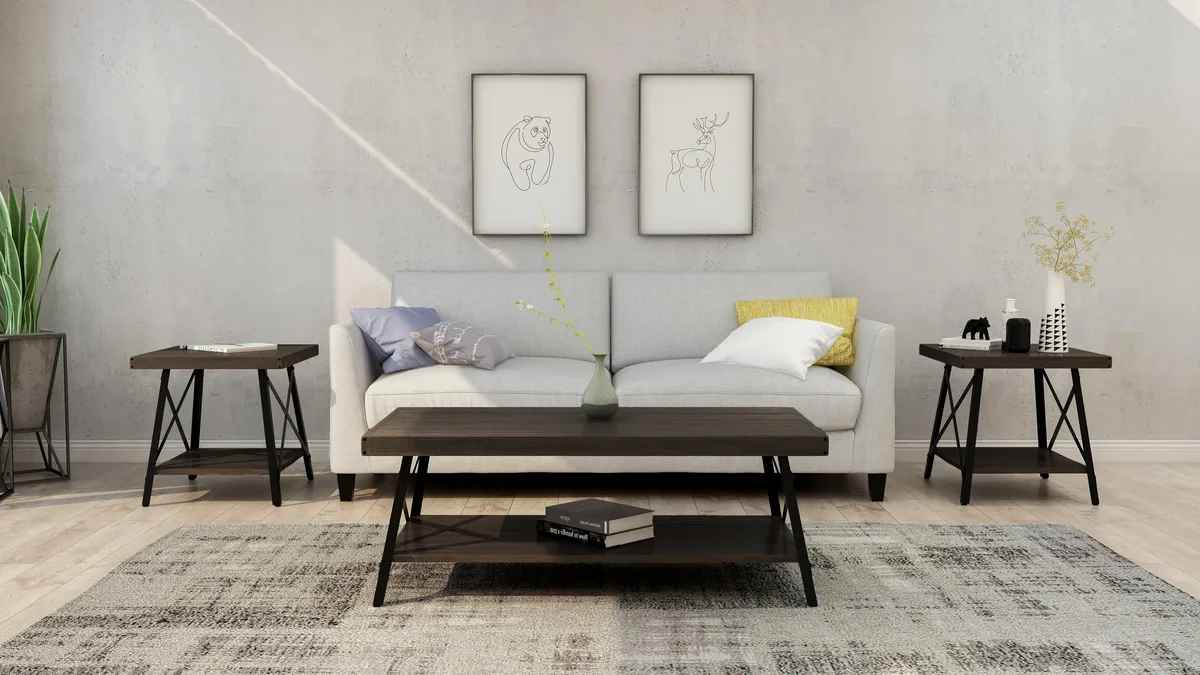 Rectangular brown solid wood coffee table with steel gray accents, 48.0 by 24.0 by 17.8 inches