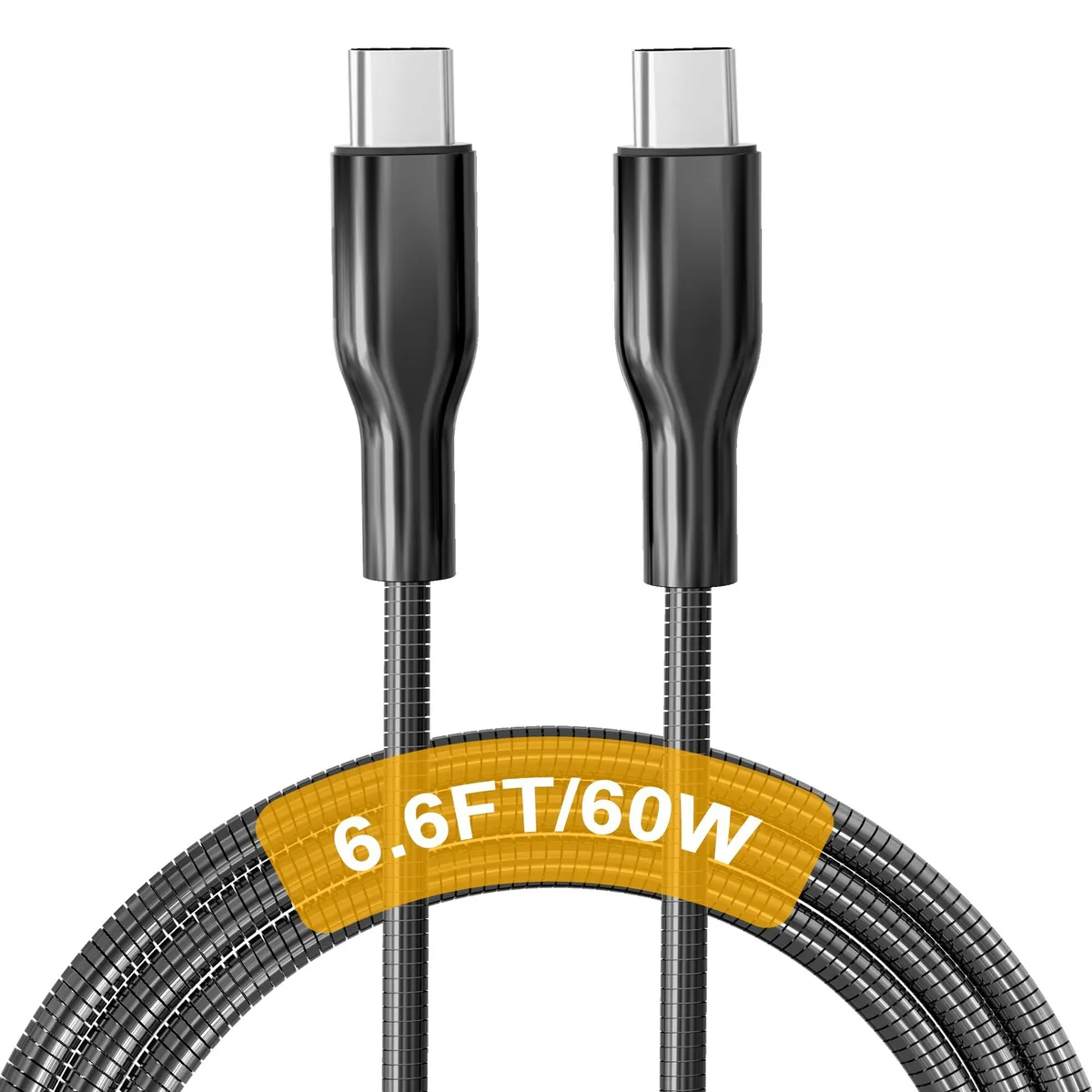 Orange stainless-steel braided USB-C cable 6.6 ft with metal connectors